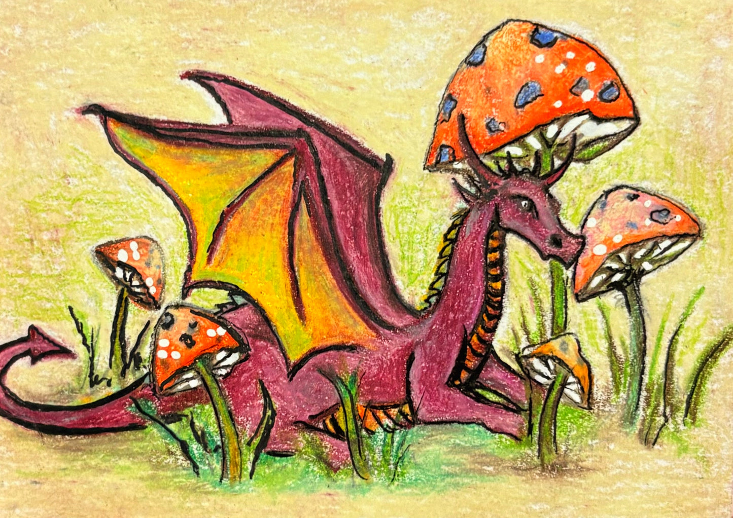 Print of Dragon in a Mushroom Garden Colored Pencil Drawing