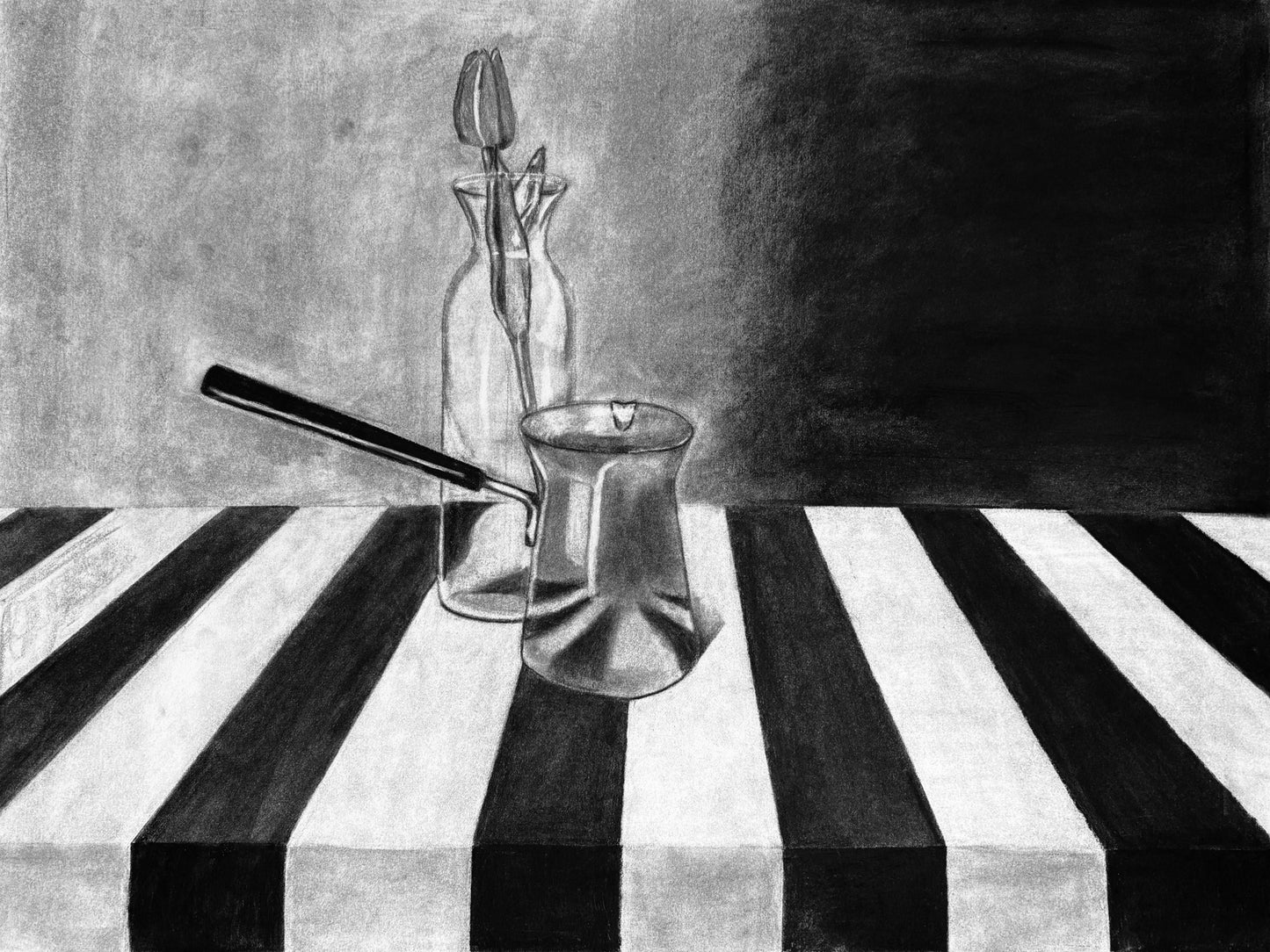 Charcoal Still Life of a Turkish Coffee Pot and Vase with a Tulip Print